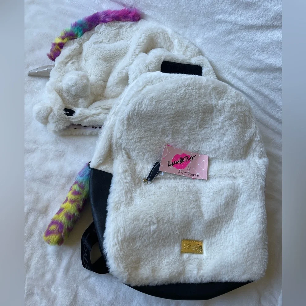 Betsey Johnson Hooded Unicorn Backpack Faux Fur New Whimsical